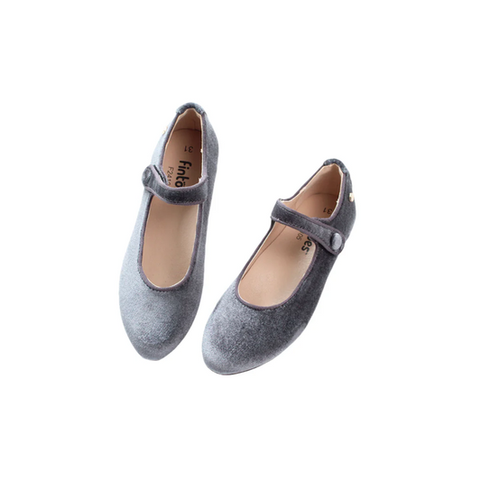 Fintoes Girls Velvet Mary Janes- Charcoal