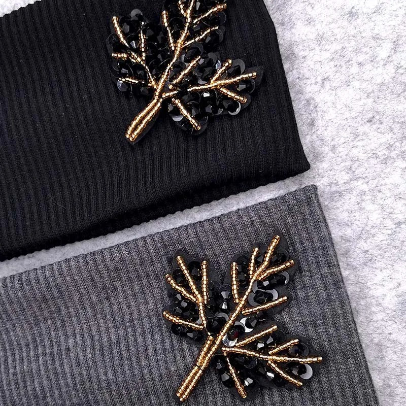Ladies Beaded Leaf Soft Ribbed Headband