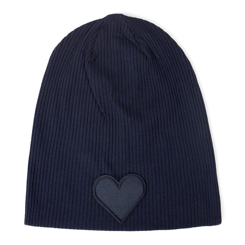 Ribbed Cotton Beanie with Heart Motif