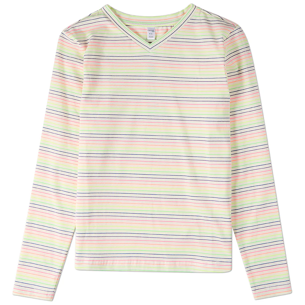 Memoi Teen Girls Bright Striped V- Neck Long Sleeve T-Shirt- MKC 113