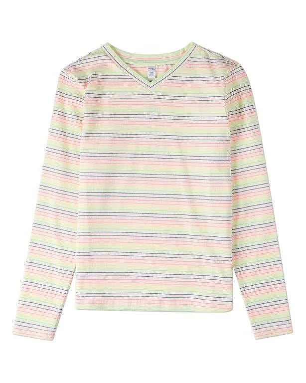 Memoi Teen Girls Bright Striped V- Neck Long Sleeve T-Shirt- MKC 113