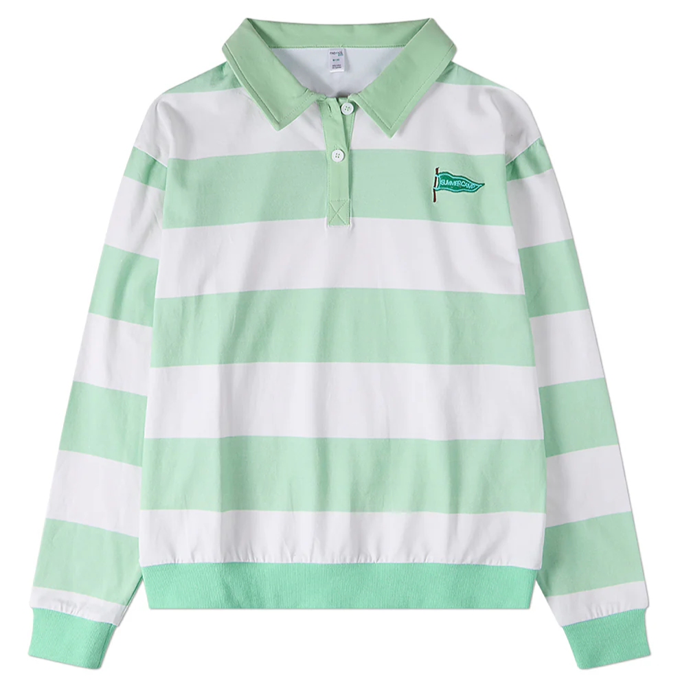 Memoi Teen Girls Summer Flag Striped Long Sleeve Polo T-Shirt - MKC-119