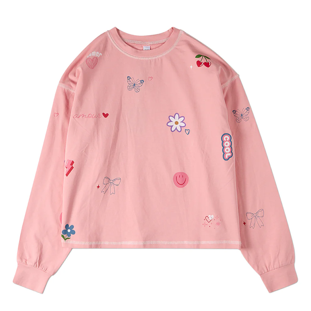 Memoi Teen Girls All-Over Motif Cotton-Rich Long-Sleeve T-Shirt- MKC- 121