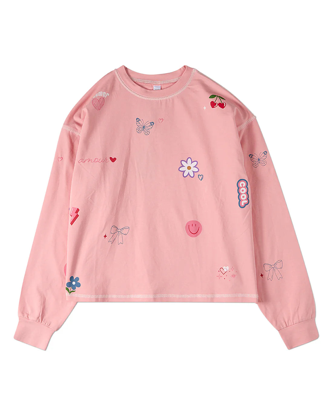 Memoi Teen Girls All-Over Motif Cotton-Rich Long-Sleeve T-Shirt- MKC- 121