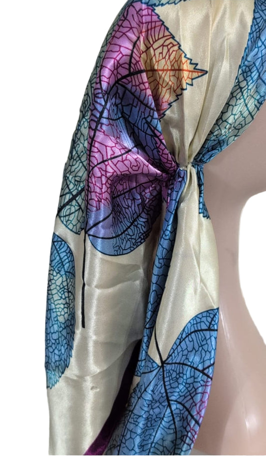 Satin Leaf Print Pre Tied Tichel- OPen Back