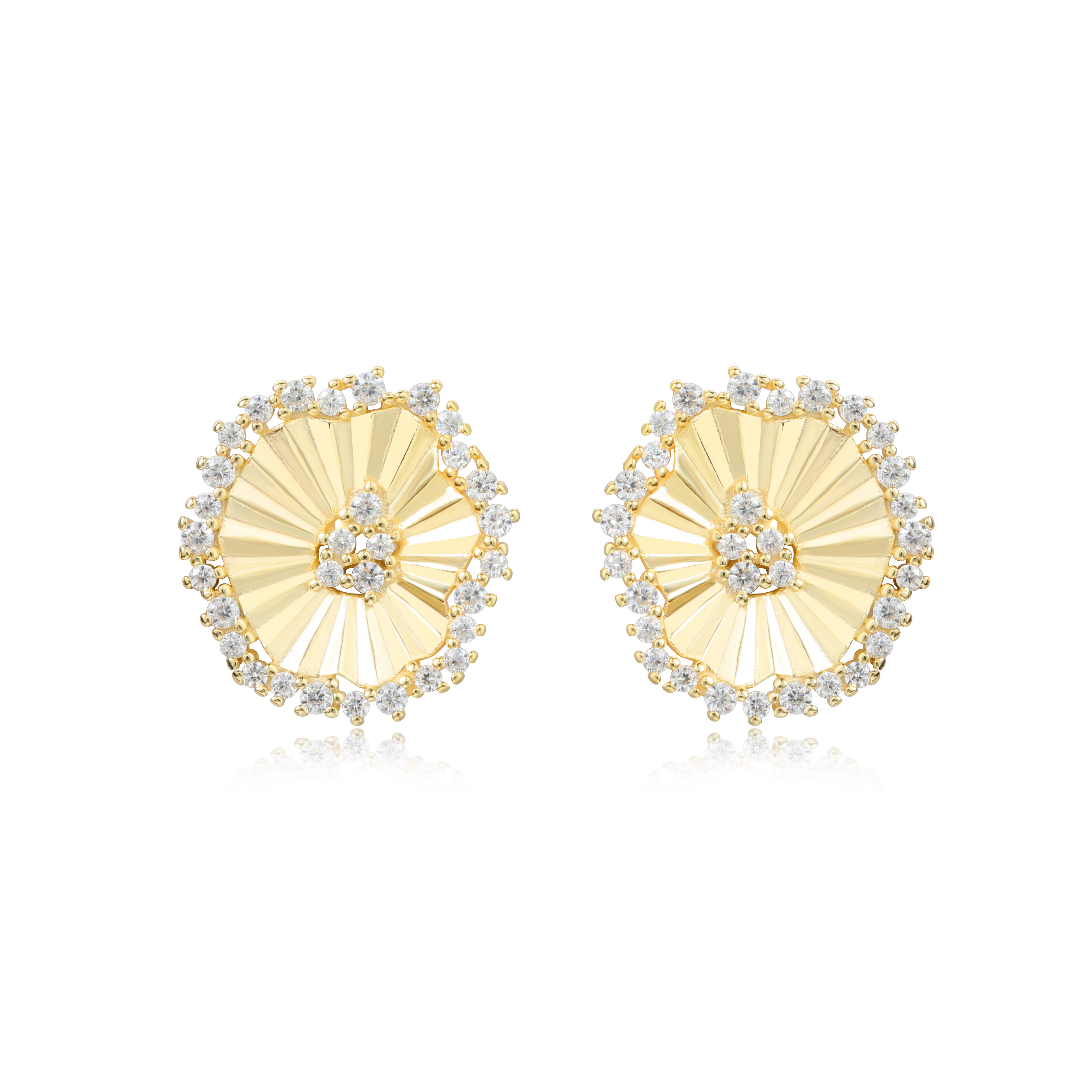 Ladies Pleated Gold Pave Earrings Gold Plated