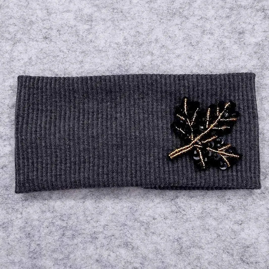 Ladies Beaded Leaf Soft Ribbed Headband