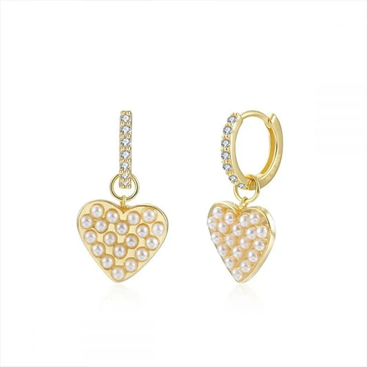 Girls Pearl Heart Drop Earrings Gold Filled