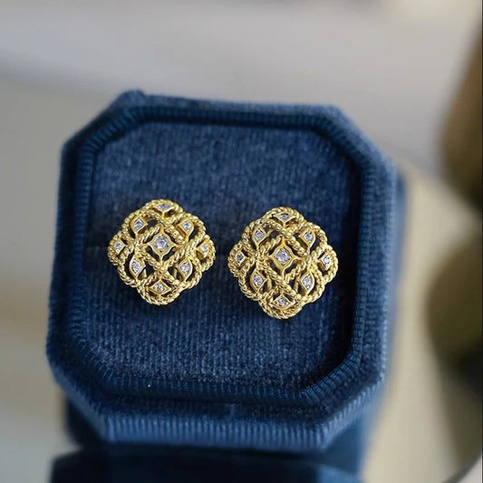 Gold Lattice Crystal Stud Earrings